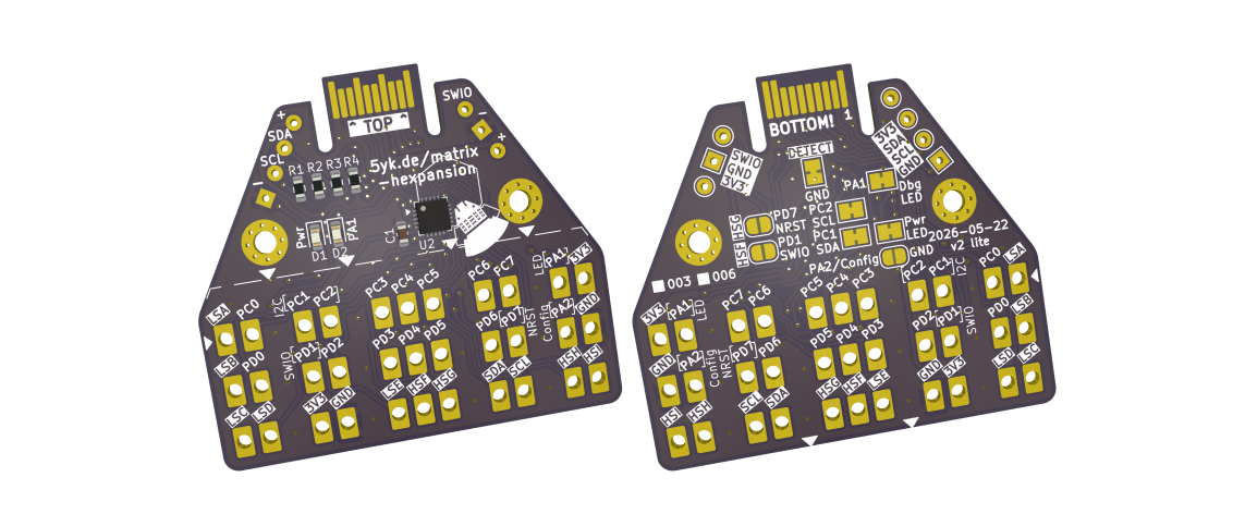 A 3D rendering of the v2-lite matrix hexpansion adapter board. The outline is the combination of half a hexagon with a flat top, joined with a rounded rectangle below the center line. At the top is the standard Hexpansion FPC connector. In the top left corner are four pads labelled -, SCL, SDA, +. In the top right corner are three pads labelled SWIO, -, +. At the bottom are three rows of rectangular pads described below. A top view is on the left, and the bottom view on the right. On the bottom layer there are a few solder jumpers explained below.